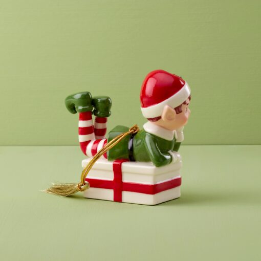 Christmas Elf Sitting On Present Ornament - Image 2